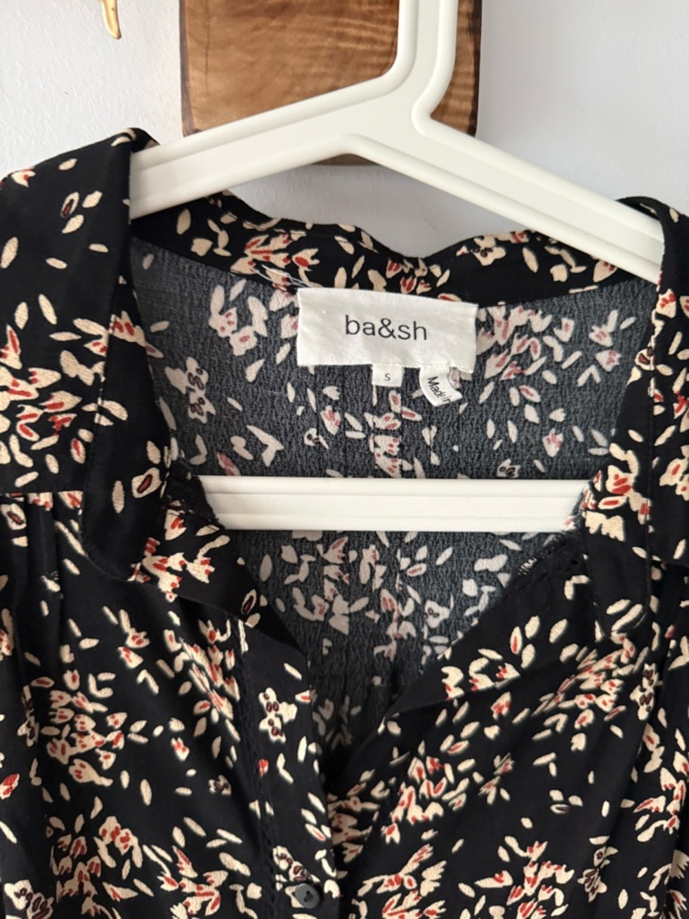 ba&sh Black Floral Button-Front Top with Cream and Red Accents